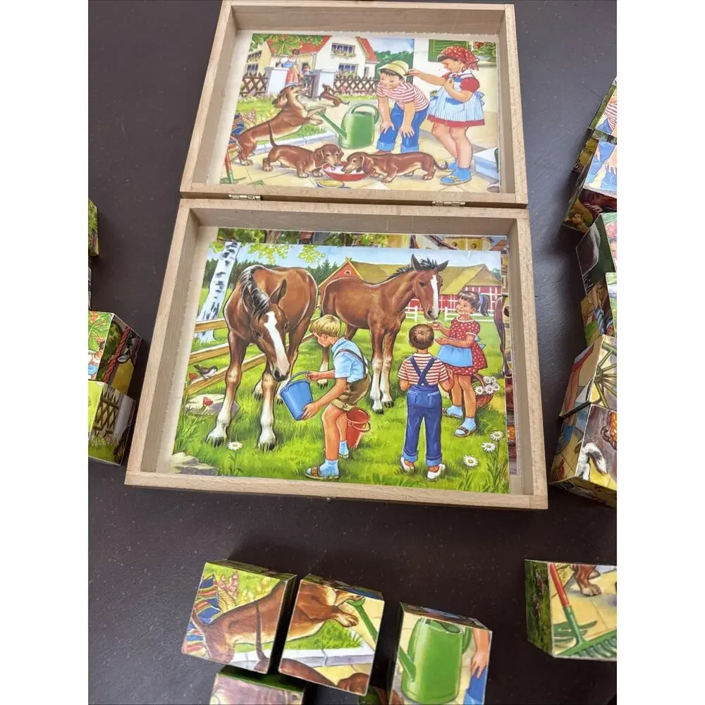 Vintage Bilderbaukasten Holzwurfel German Picture Cubes Wood Puzzle Blocks